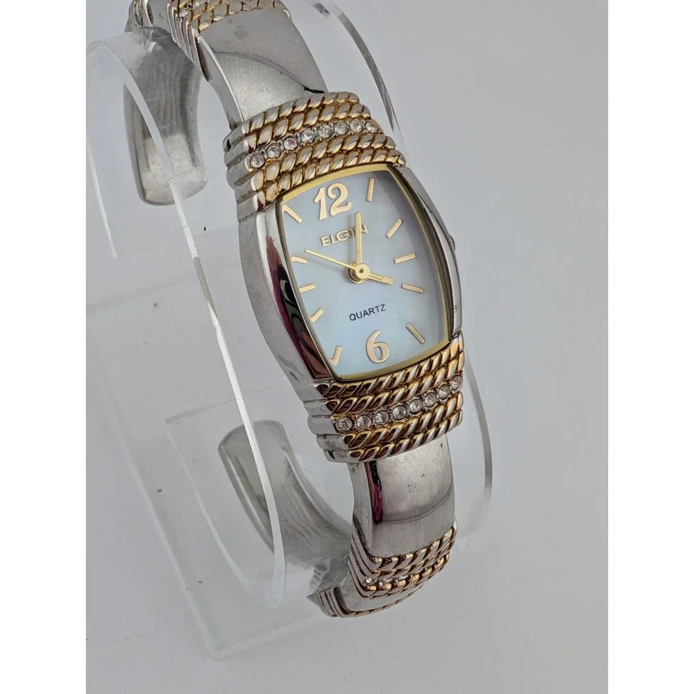 Elgin Watch Women 20mm Case MOP Dial Two Tone Bangle Band‎ Crystals- New Battery